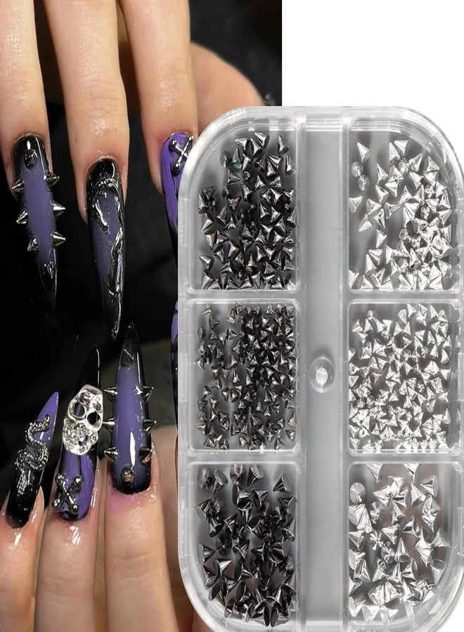 BSBTBZ 6 Grids Punk Bullet Rivet Nail Charm,3D Alloy Flat Bottomed Pointed Cone Mixed Black Silver Nail Art Rhinestones Studs DIY Crafts Nail Art Charm Spike Nails for Women DIY Nail Decoration Accessories - Image 5